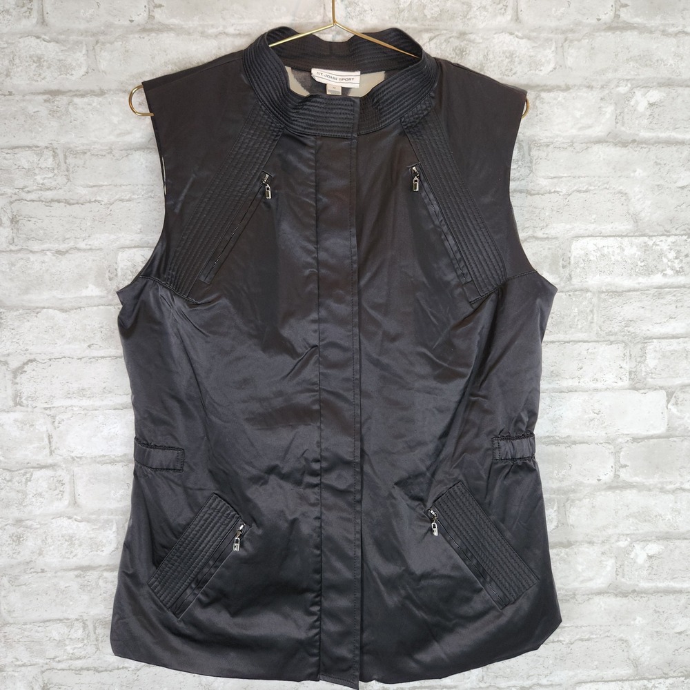 St John Sport Vest Black Satin Zebra Print Lining Mock Neck Designer Medium